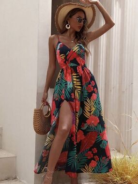 Tropical Floral Black Maxi Dress with Red Accents